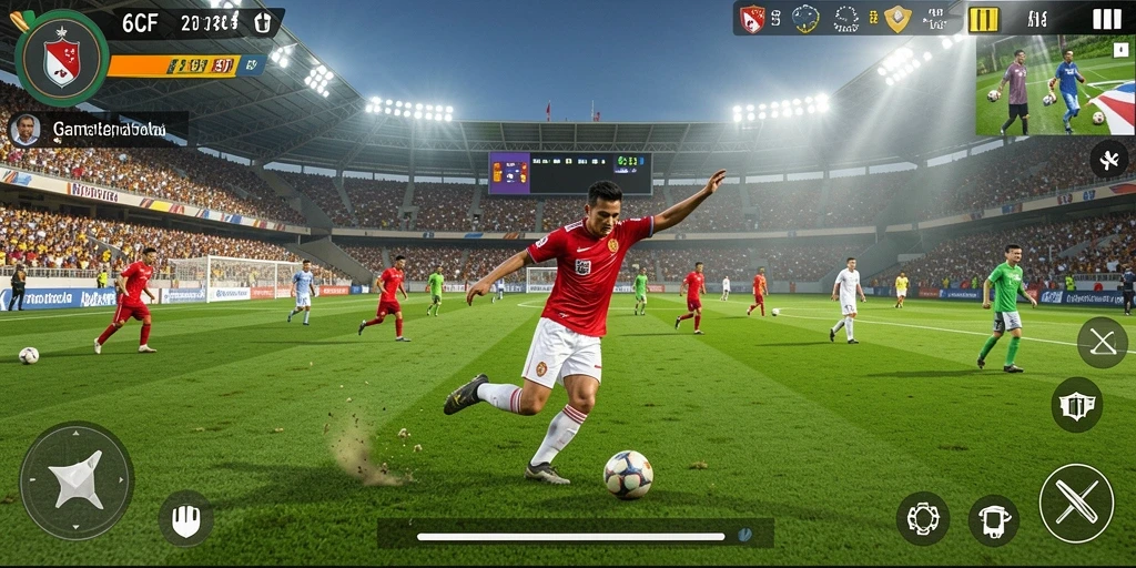 Screenshot gameplay 6CF menampilkan aksi seru di lapangan sepak bola.