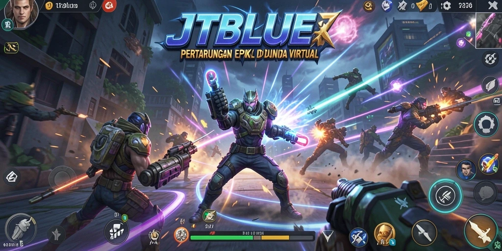Screenshot utama JTBLUE yang menampilkan pertarungan seru di arena.