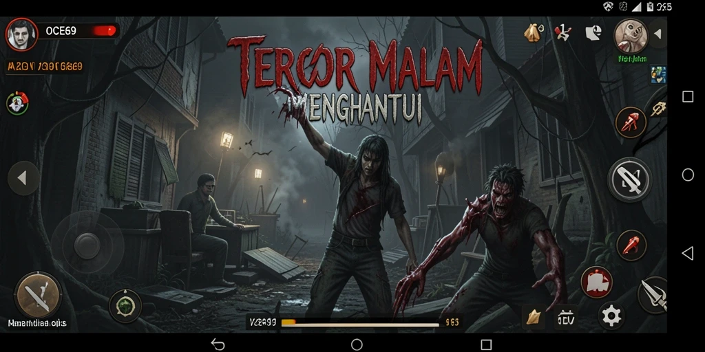 Layar gameplay OCE69 menampilkan suasana horor yang mencekam.
