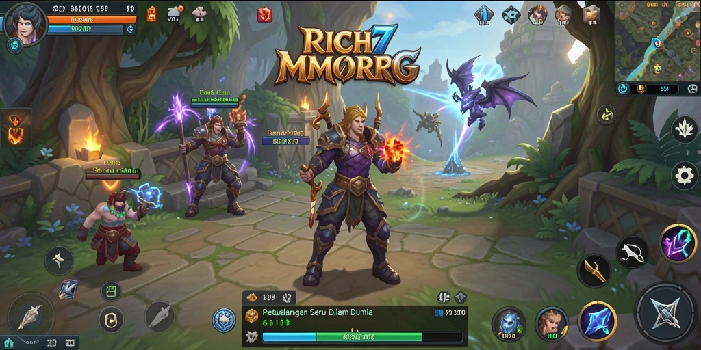 Screenshot gameplay RICH7 yang menampilkan pertarungan epik dan eksplorasi.