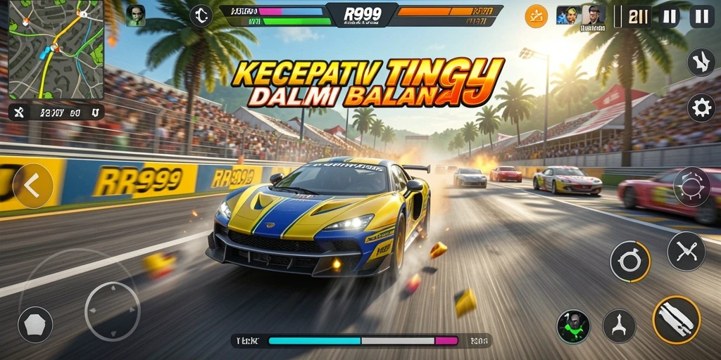 Gameplay dinamis balapan mobil di RR999 dengan lintasan menantang.
