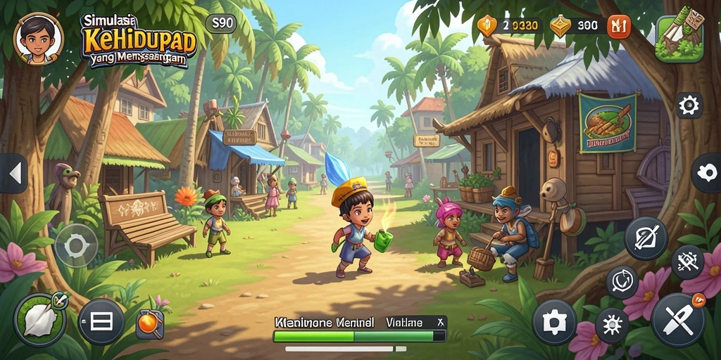 Screenshot gameplay S80 menunjukkan karakter yang berinteraksi dalam simulasi kehidupan.