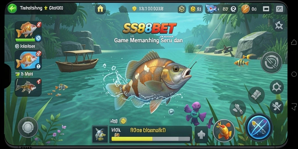 Screenshot gameplay SS88BET yang memperlihatkan aktivitas memancing yang seru.